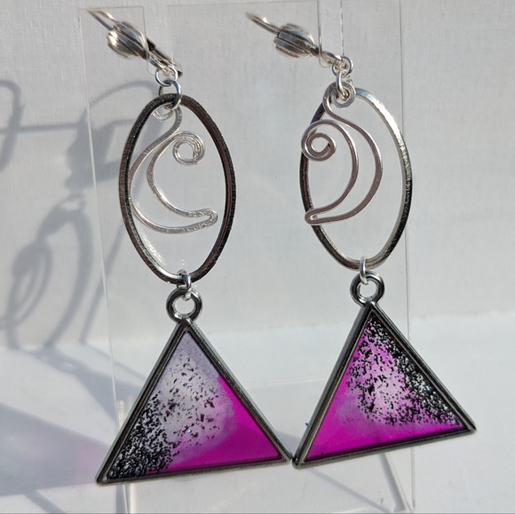 Silver Moon Purple Triangle Earrings Witchy Magic Sparkly Handmade Lever Back - Picture 6 of 7